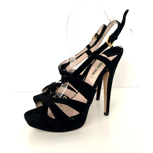 Miu Miu Slingback Platform Sandal Black Suede Cage Peep Toe Slim Heel St… - Picture 4 of 8